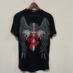 Black Graphic T-Shirt by Mondo with Red and Gray Design